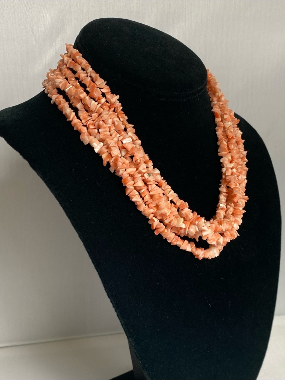 16” Six Strand Coral Chip Necklace with gold filled filigree clasp - Picture 8 of 12